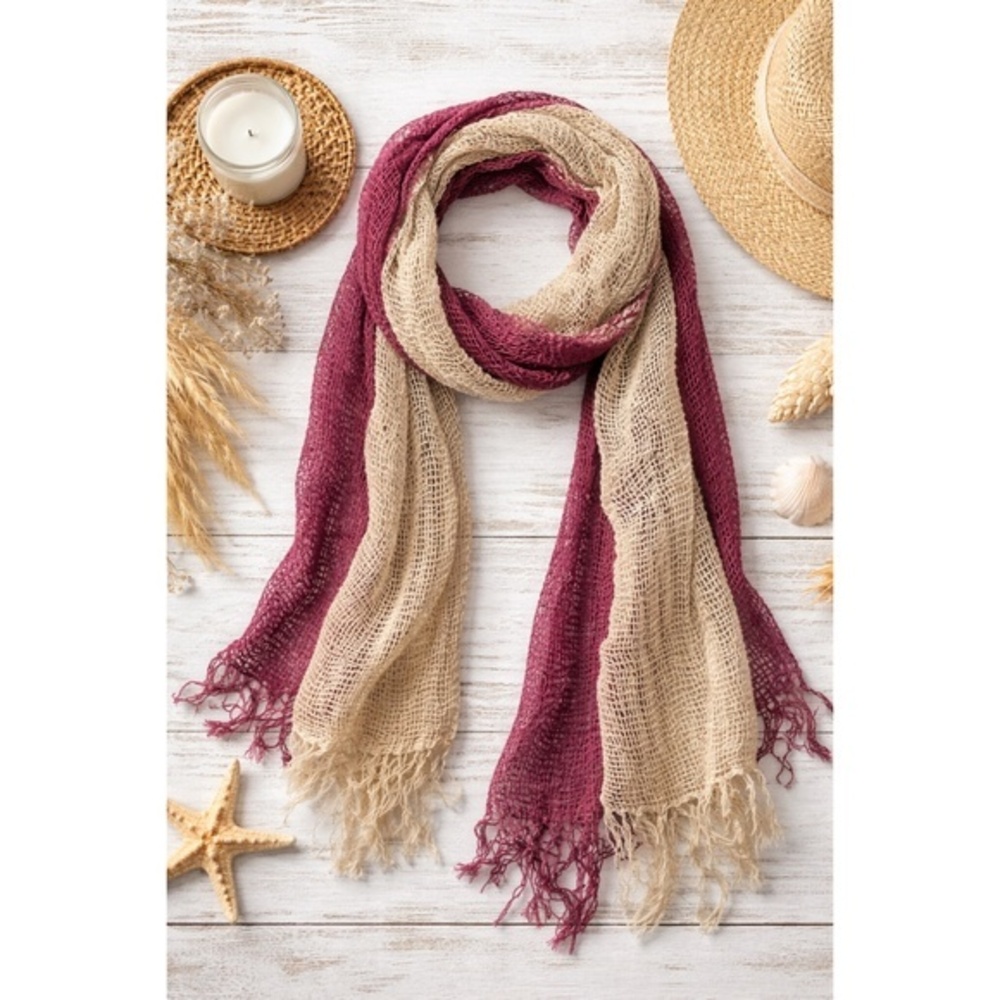 Coveri Linen Gauze Scarf Raw Fringe Boho Wrap Beige Purple Lightweight